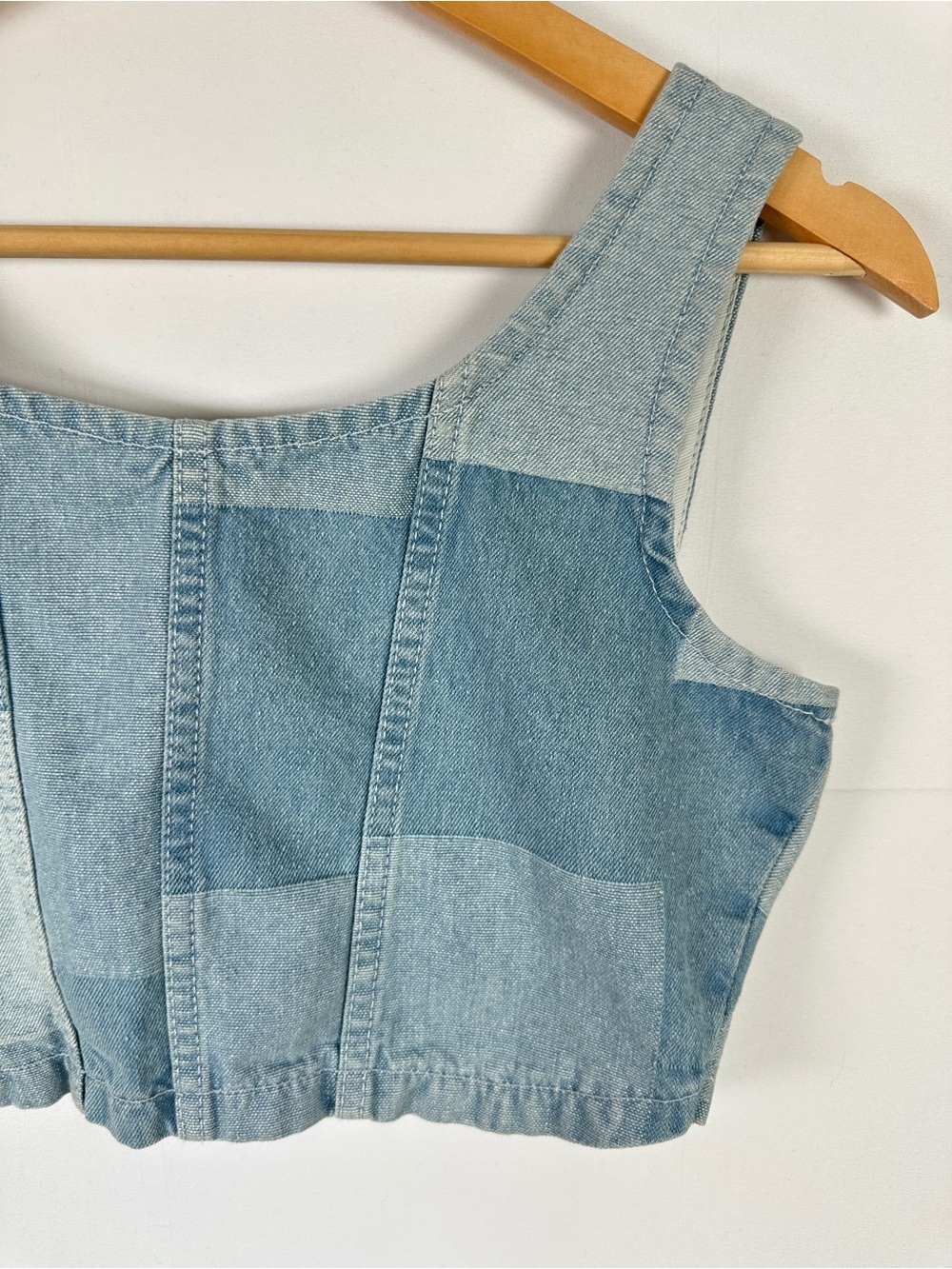 Nuon Patchwork Denim Crop Top Light Wash Cotton Size M Y2K Festival Corset Style - Picture 2 of 8